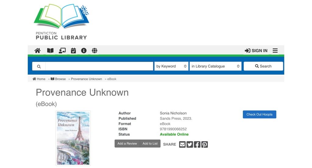 Screen shot from library catalogue of Penticton Public Library showing listing for Provenance Unknown book by Sonia Nicholson.