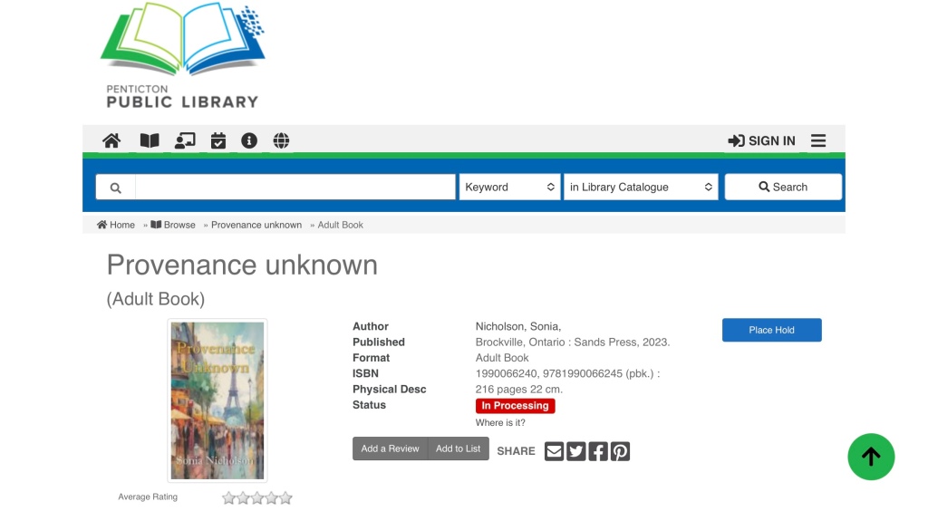 Screen shot from Penticton Public Library catalogue showing entry for Provenance Unknown by Sonia Nicholson.