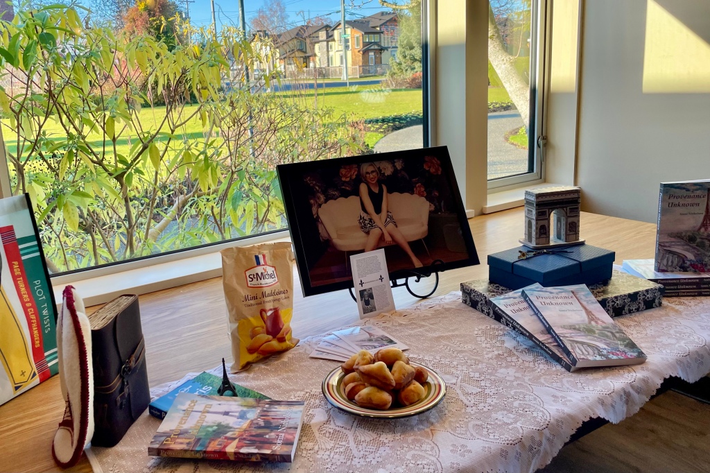 French-themed display table at author talk.