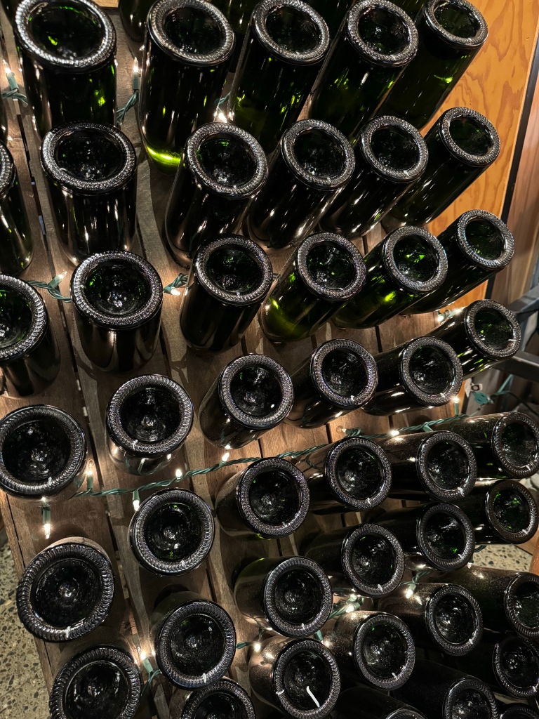Decorative display of empty wine bottles.