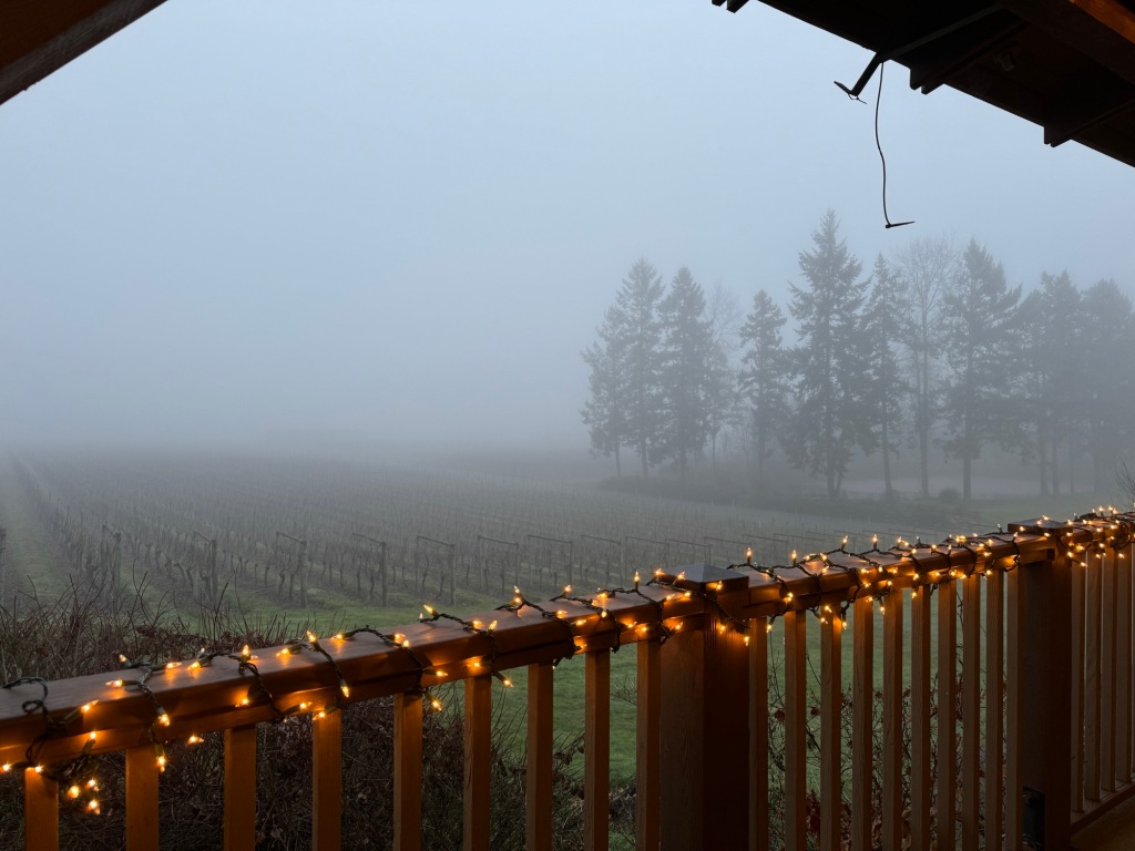 Looking from wood patio at dusk. String of lights along railing. Looking towards foggy vineyard with trees at the far right.