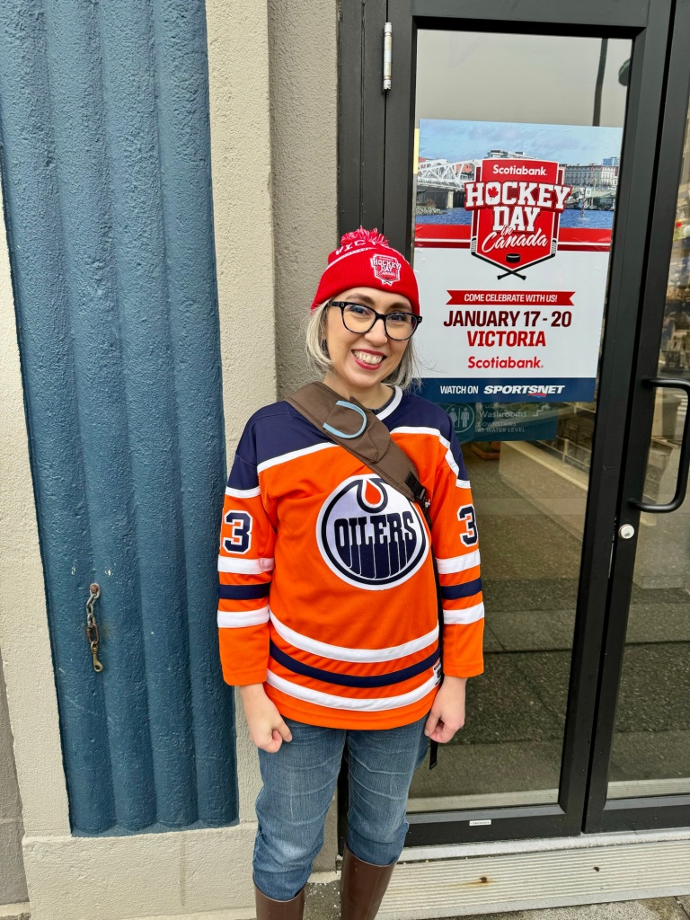 Sonia Nicholson attending Hockey Day in Canada in Victoria, wearing Edmonton Oilers jersey.