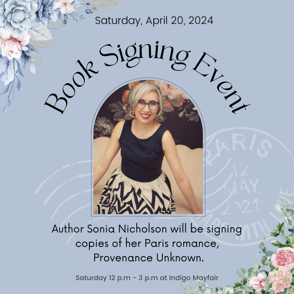 Graphic for book signing event with same information as in text. Floral, Paris, and romantic-themed visuals on the graphic.