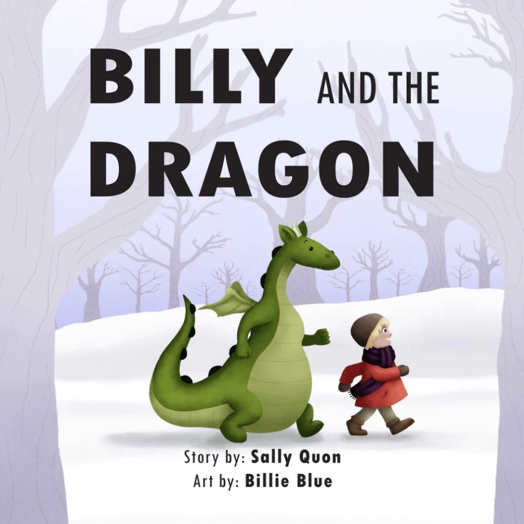 Cover for Billy and the Dragon children’s book. Features a dragon walking behind a boy through a snowy wood.