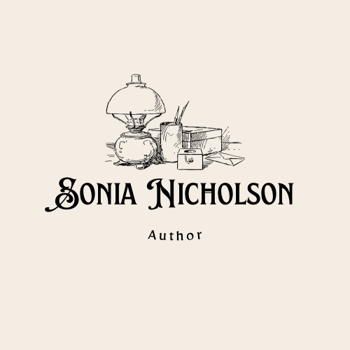 Logo for author Sonia Nicholson with vintage style font, cream background, and drawings of an old lamp, stationery, pencils, etc.