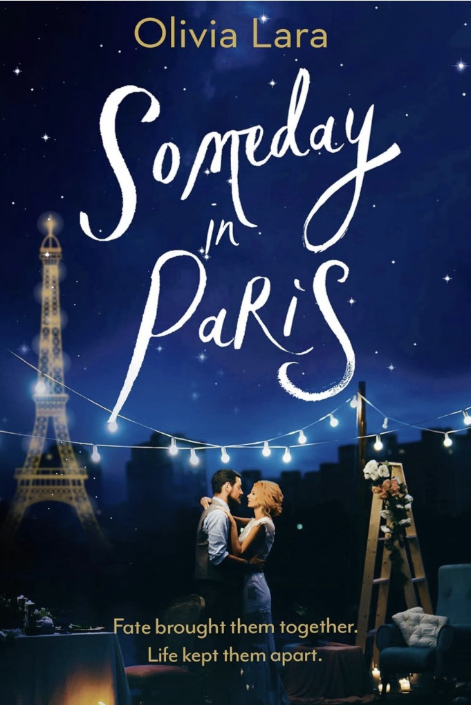 Book cover for Sometime in Paris by Olivia Lara, showing a couple dancing under a string of lights, with the Eiffel Tower in the distance.
