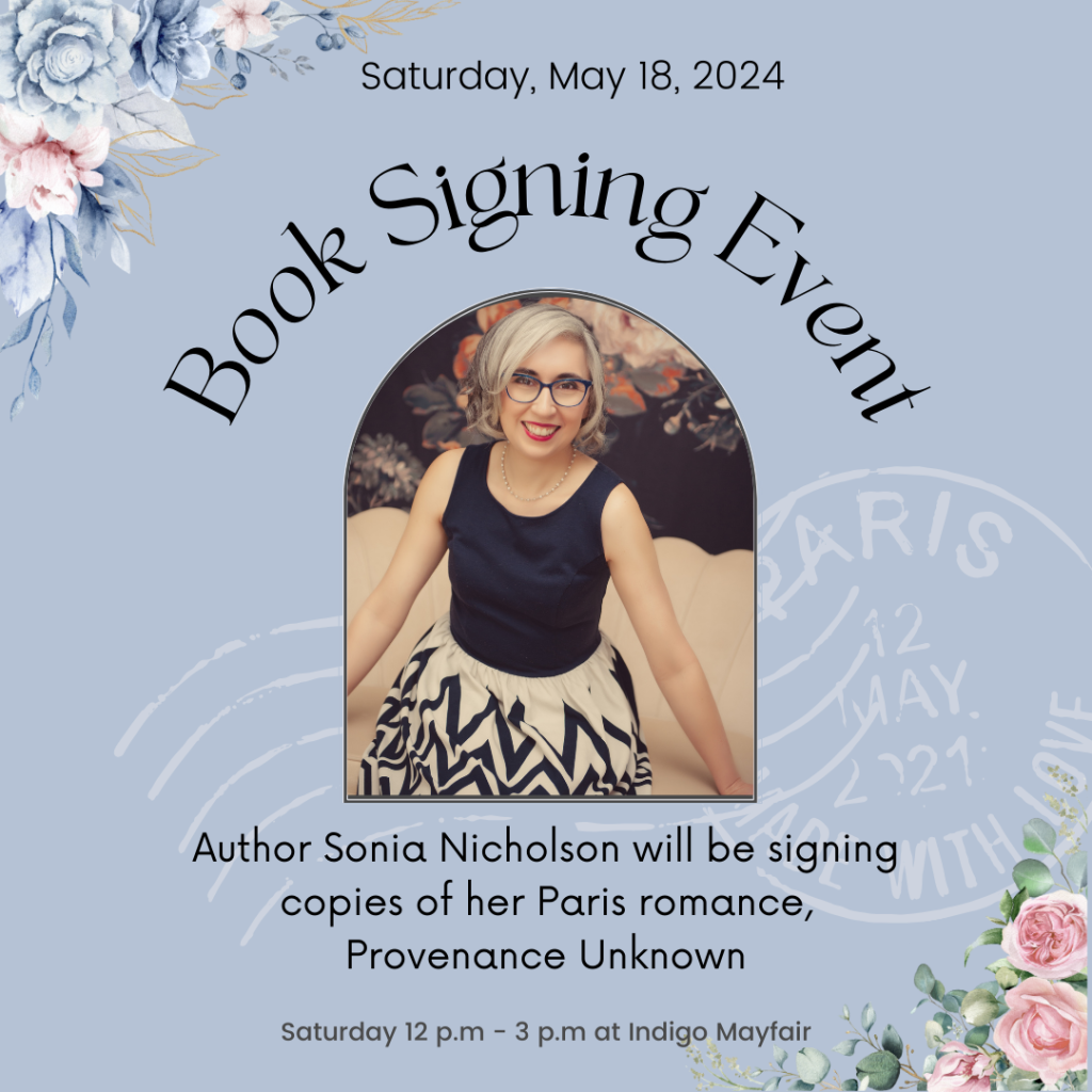 Paris and floral graphic for book signing event for authors Sonia Nicholson on Saturday, May 18, 2024 at Indigo Mayfair. 